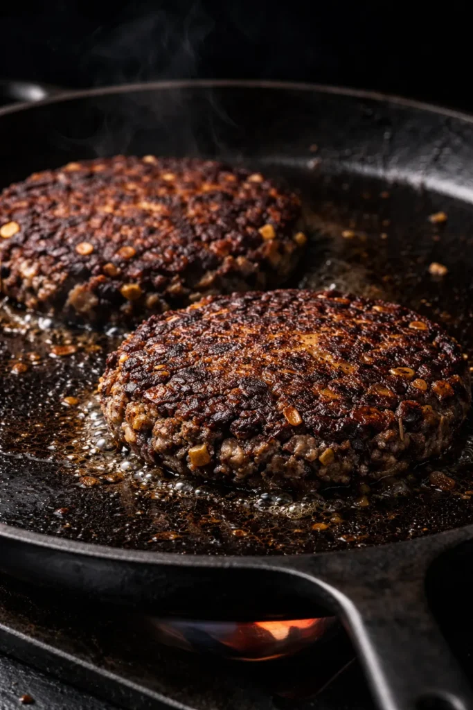 Two black bean smash burgers cooking on a skillet