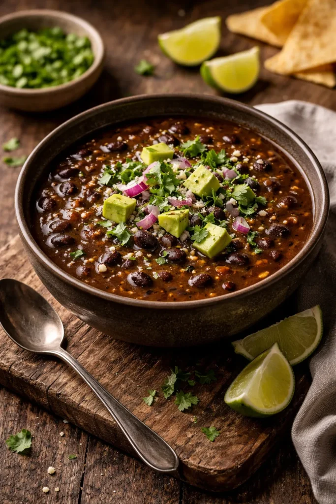 Thick black bean soup in a dark bowl with rich texture