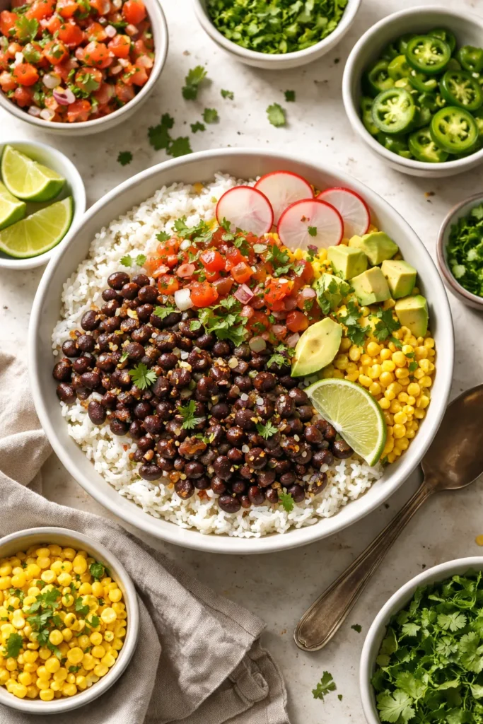 Top-down bowl of black beans over rice with colorful toppings