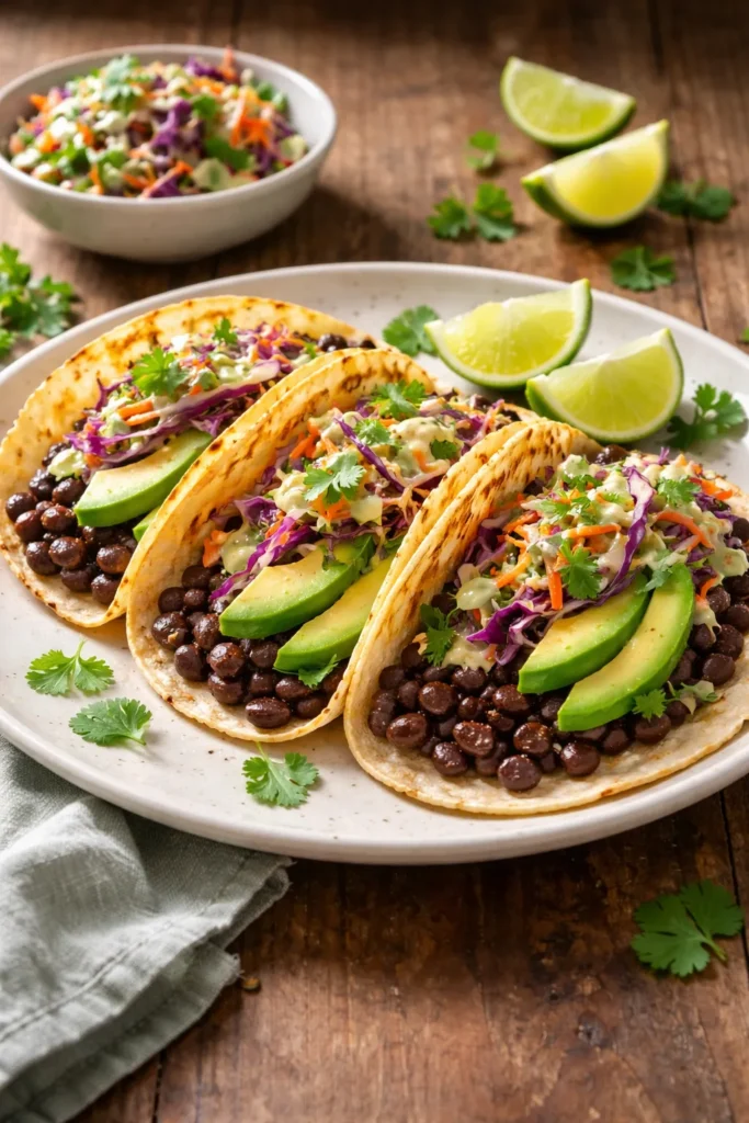 Tacos with black beans, avocado, and slaw on a plate