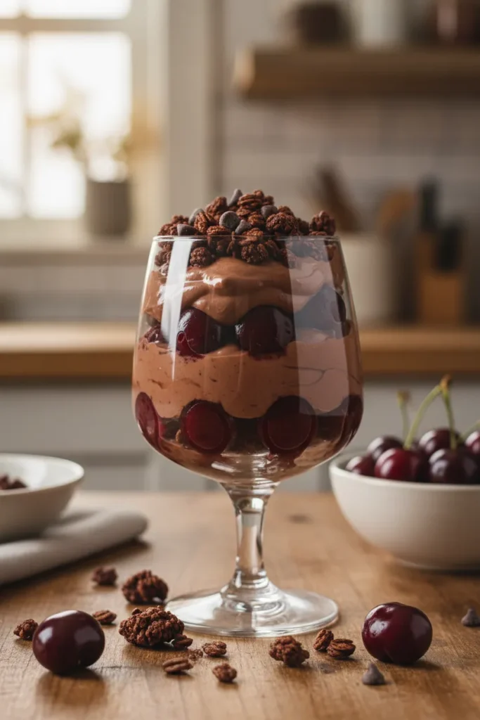 Black Forest style parfait with chocolate yogurt and dark cherries