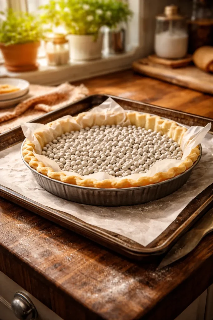 Pie crust set up for blind baking on a preheated sheet with weights.