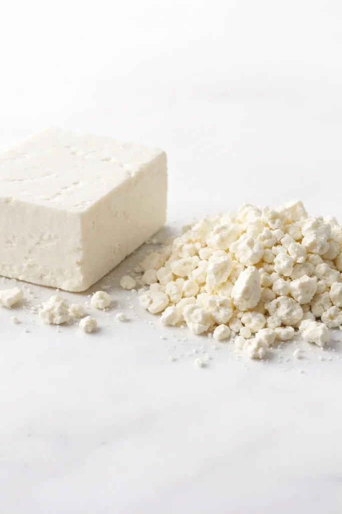 Block feta vs crumbled feta on a plain surface showing texture differences