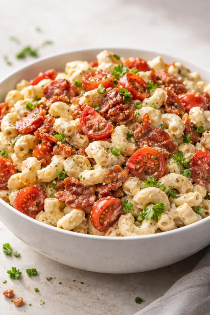 BLT macaroni salad with crispy bacon in white bowl