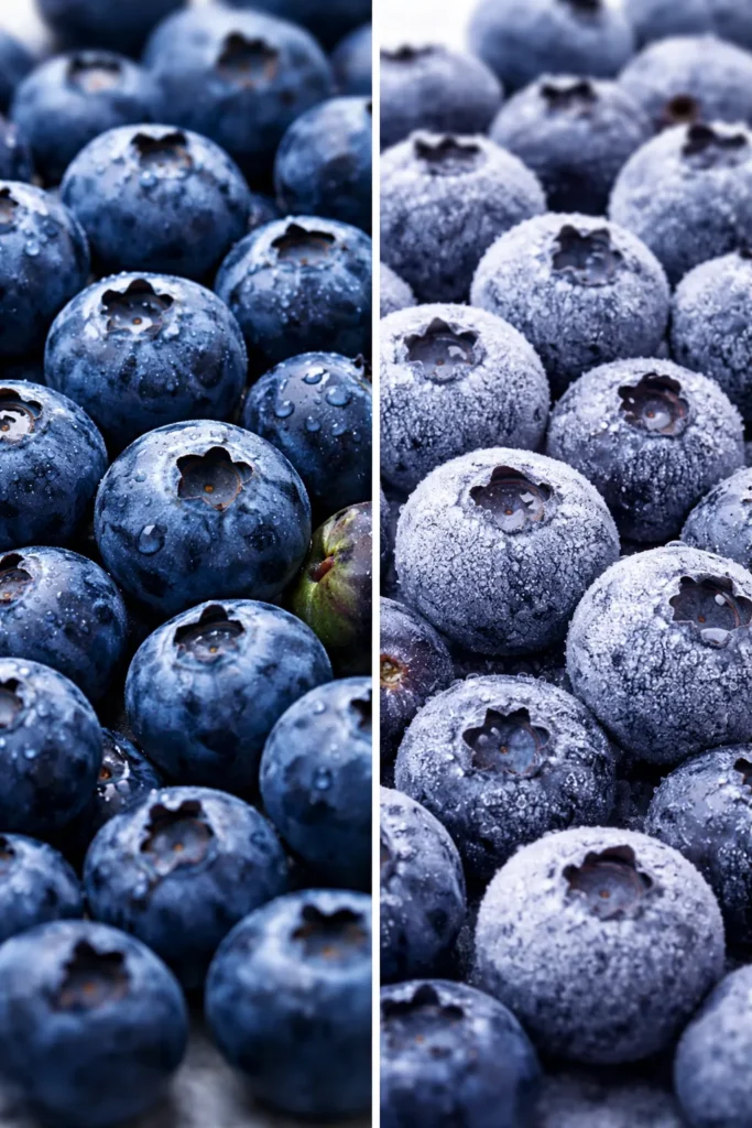 Macro view of fresh and frosted blueberries on a clean background.