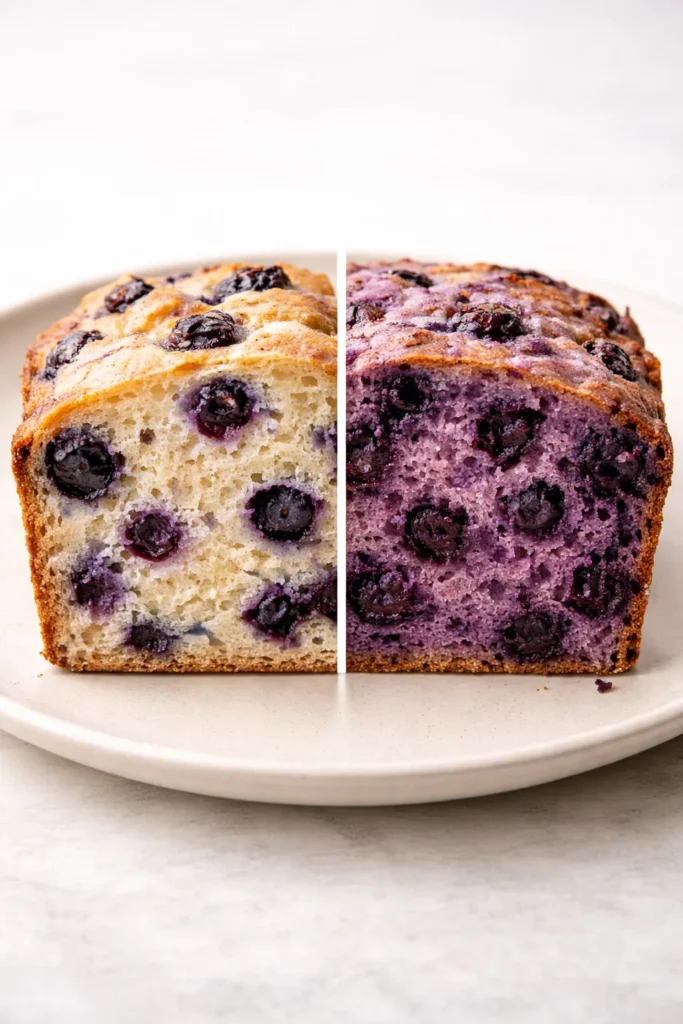 Cross-section of blueberry bread comparing fresh vs frozen berries in crumb color