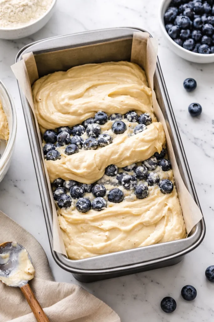 Loaf pan with layered batter and blueberries for even distribution