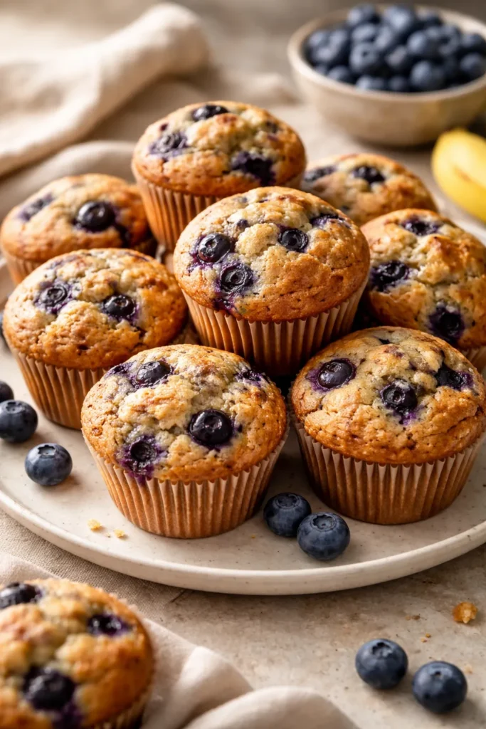 Fresh blueberry banana muffins on a plate