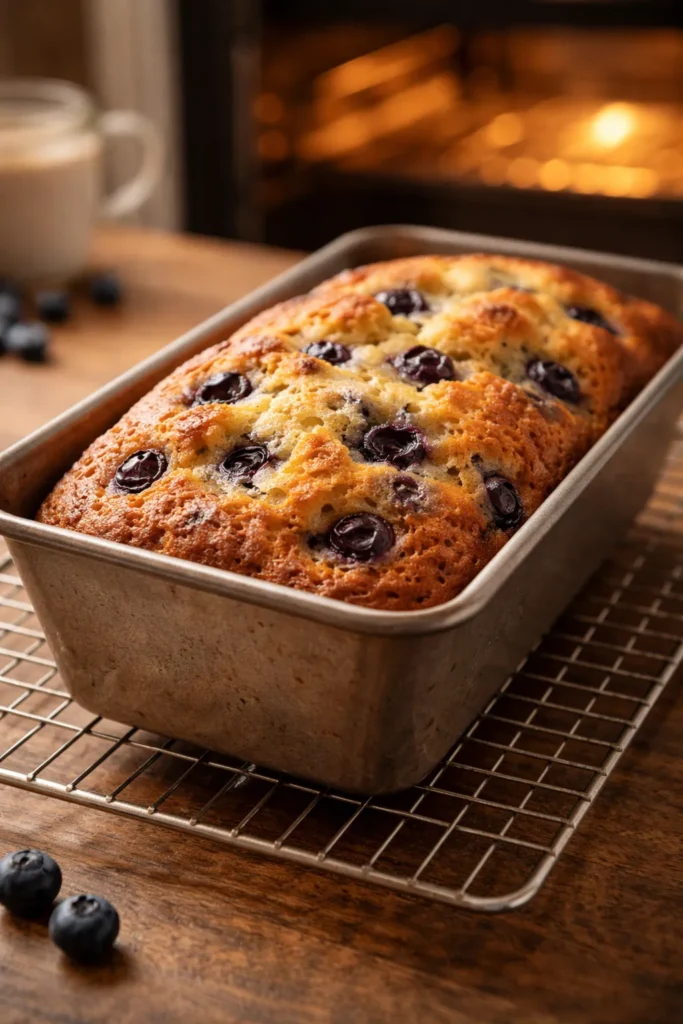 Blueberry muffin bread loaf in a loaf pan on a wire rack in a warm kitchen