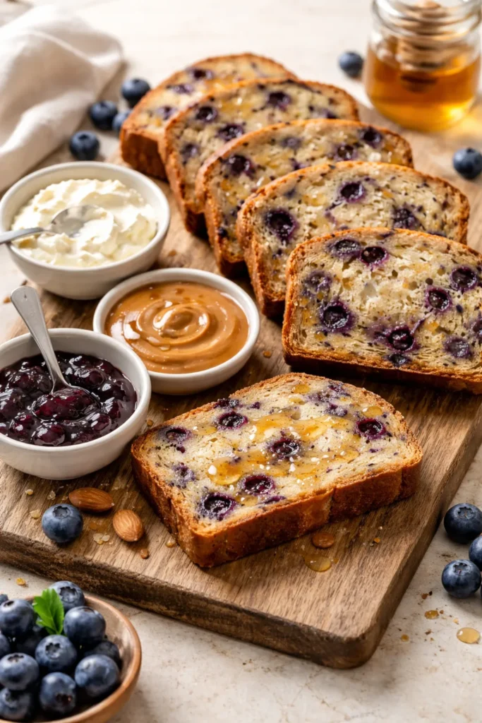 Blueberry bread slices with cream cheese and jam on a wooden board