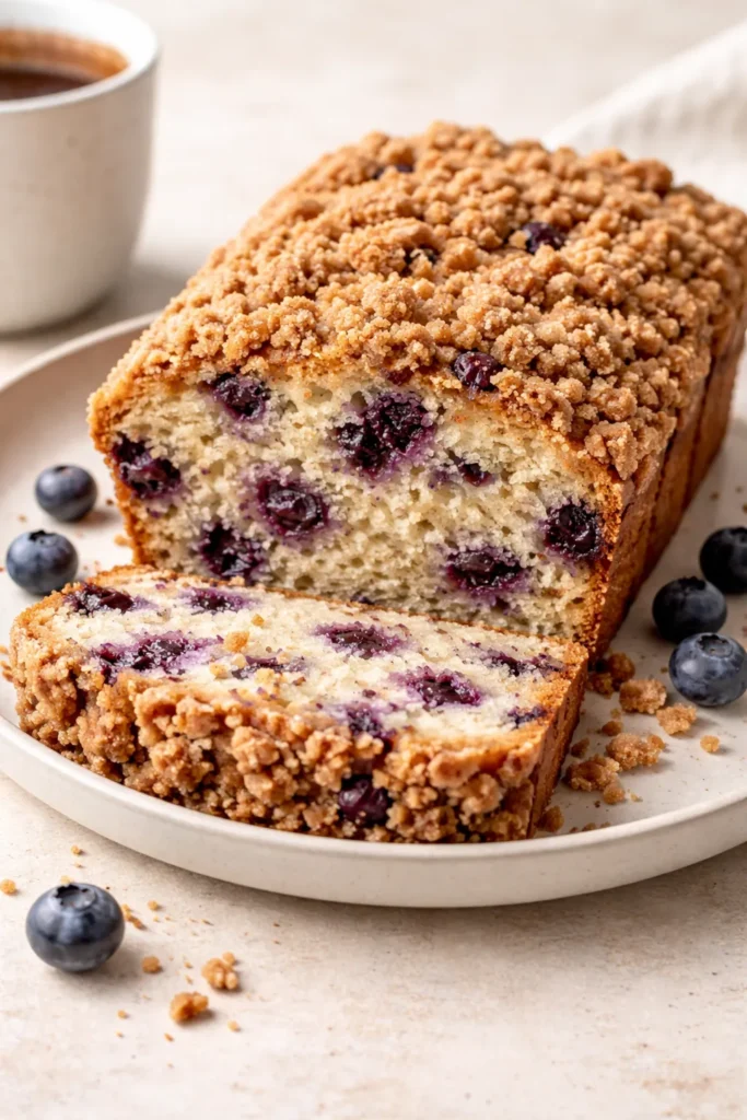 Blueberry muffin bread with crumble topping on plate