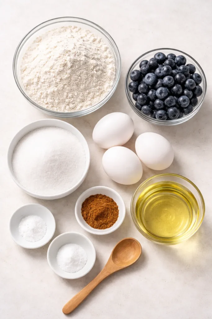 Top-down arrangement of dry and wet ingredients for blueberry bread