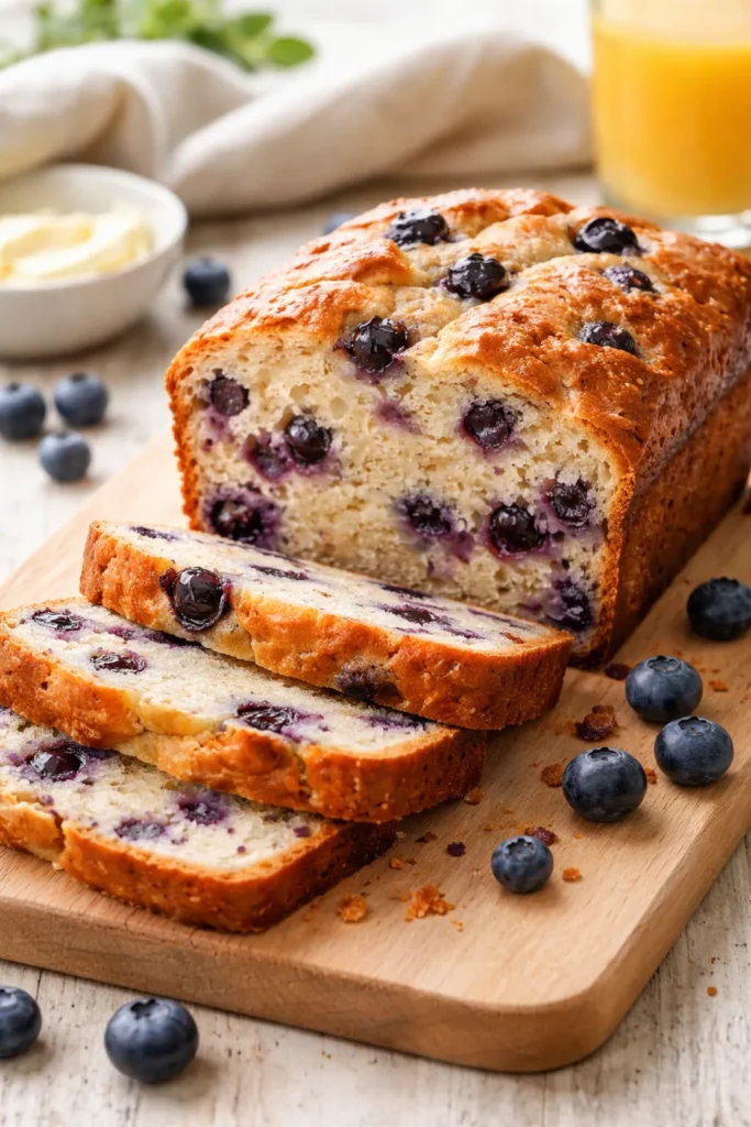 Close-up of a soft blueberry bread loaf showing blueberries in the crumb on a wooden board