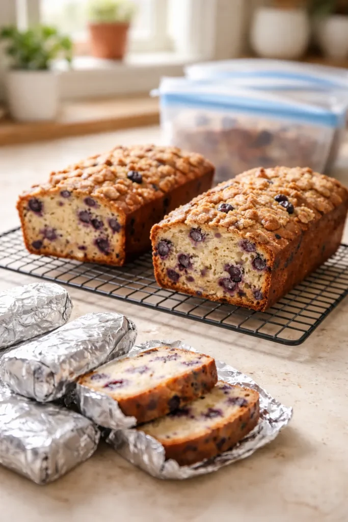 Two blueberry bread loaves cooling with foil-wrapped slices on a kitchen counter