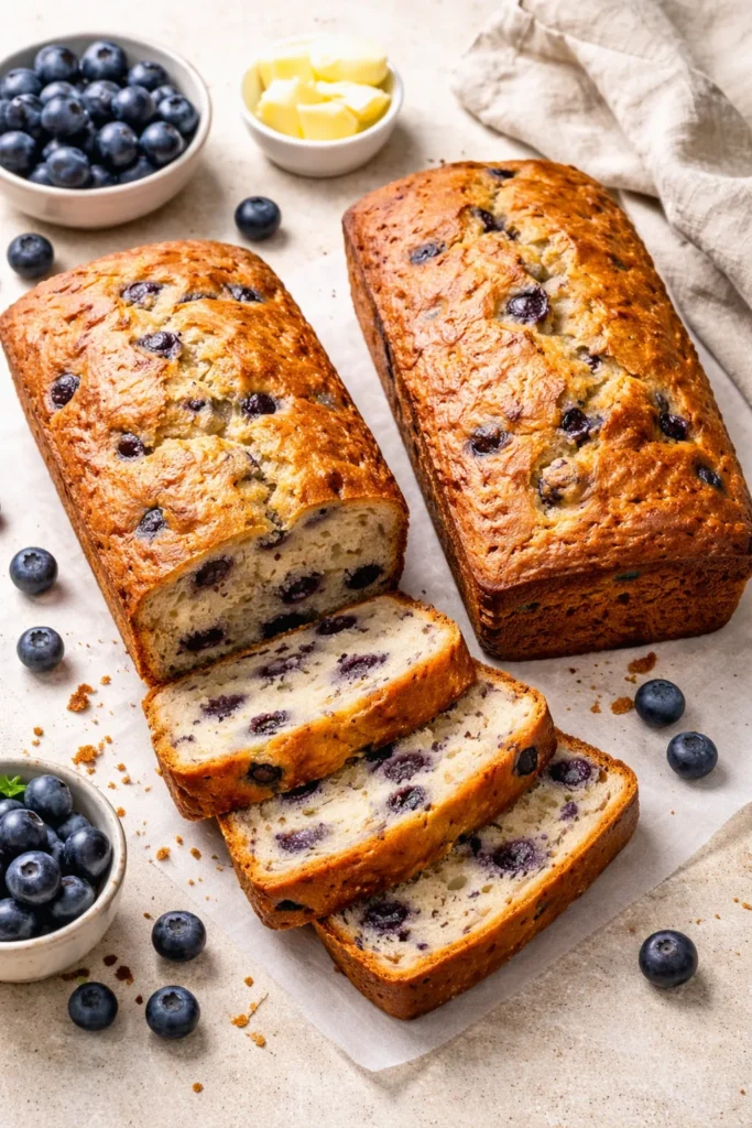 Two blueberry bread loaves with visible blueberries on a neutral surface