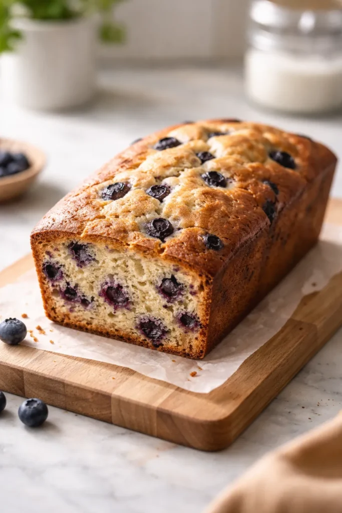 Perfectly baked blueberry bread loaf with even browning on a neutral surface