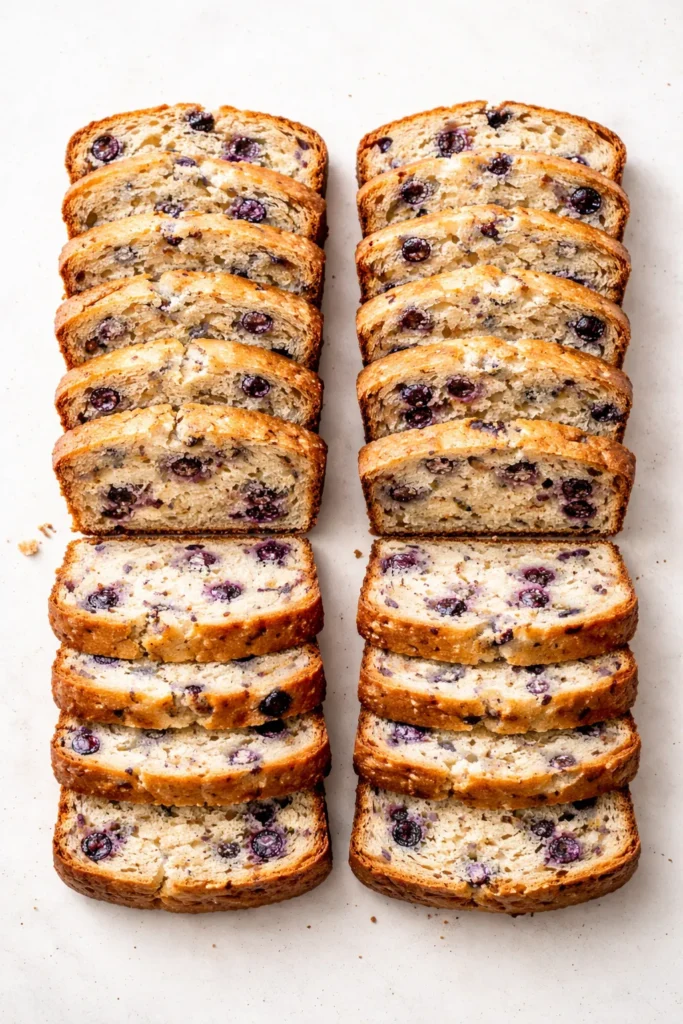 Evenly sliced blueberry bread arranged to show servings