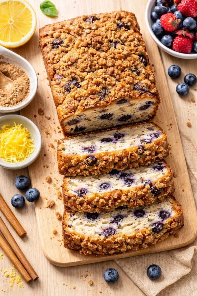 Blueberry bread with cinnamon streusel topping and visible berries