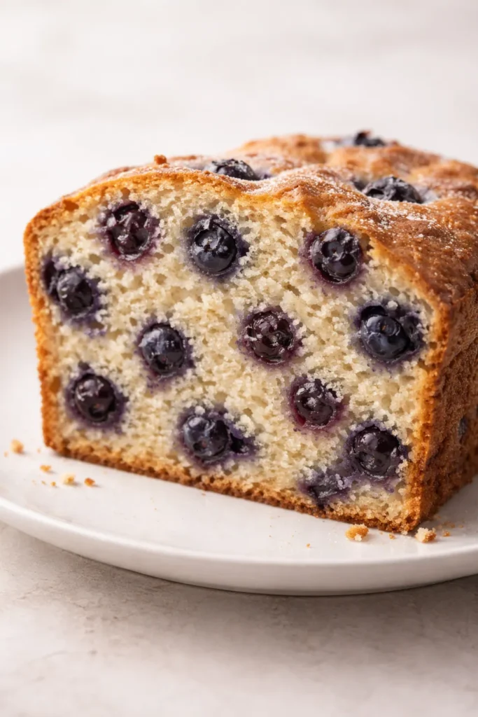 Cross-section of blueberry bread showing evenly distributed berries in thick batter