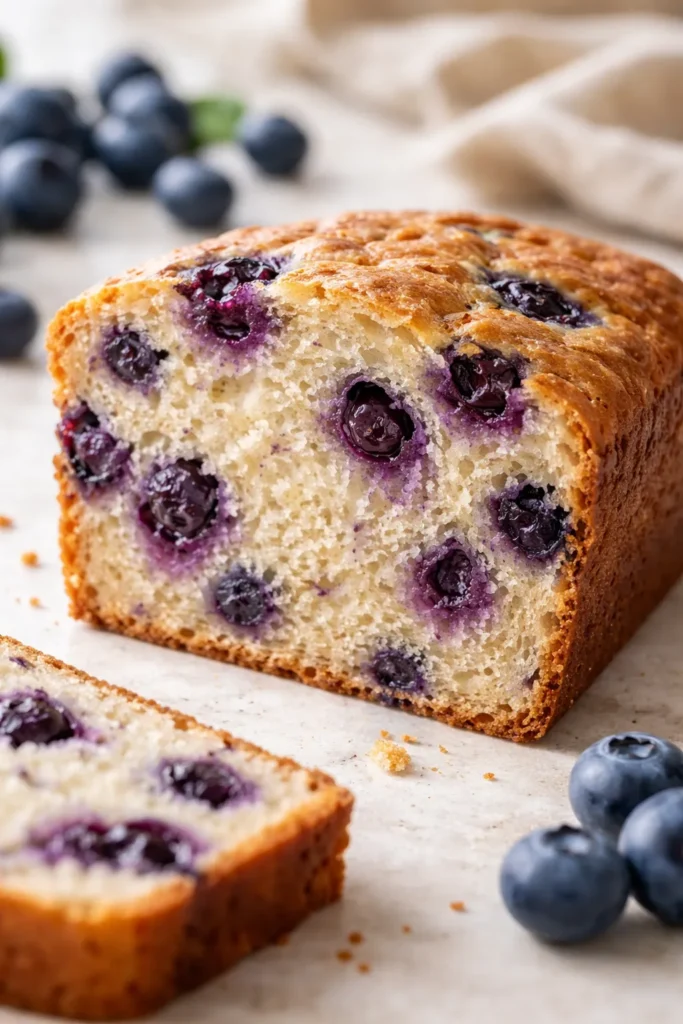 Close-up slice of blueberry bread showing tender crumb and blueberries