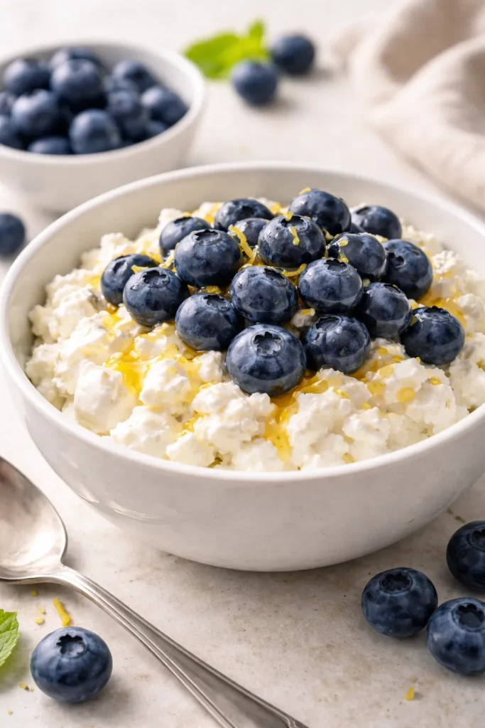 Cottage cheese bowl with blueberries, high-protein breakfast