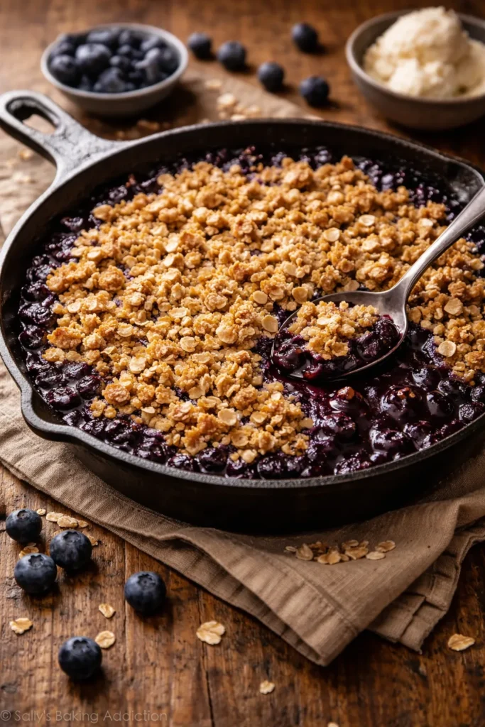 Blueberry crisp bubbling in cast iron skillet with oat topping.