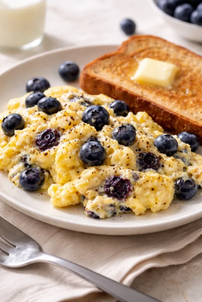 Plate of blueberry scrambled eggs with toast on the side