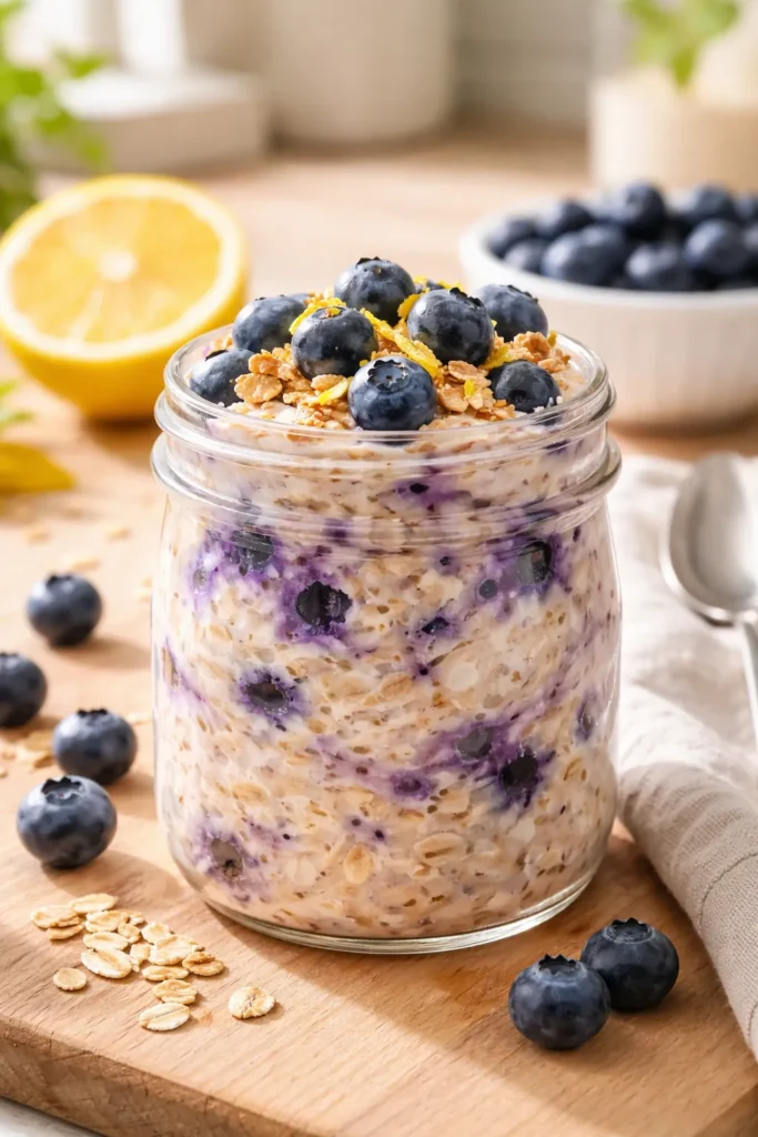 Close-up of Blueberry Lemon Muffin Overnight Oats in a glass jar with blueberries and lemon zest
