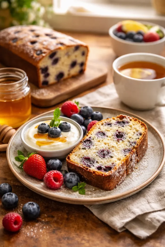 Blueberry loaf slice with yogurt, honey, berries and tea on a rustic plate.