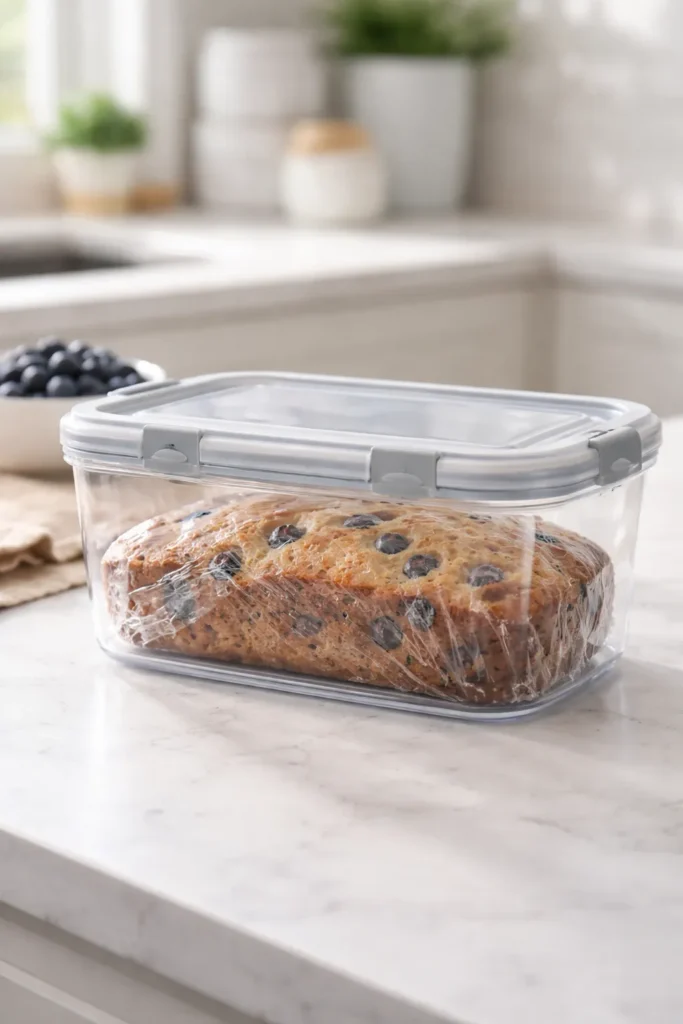 Loaf wrapped in plastic and stored in container on counter