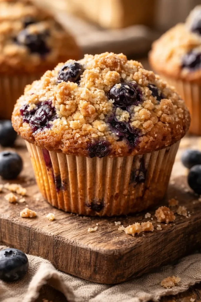 Close-up of a bakery-style blueberry muffin with a domed top and crumble.
