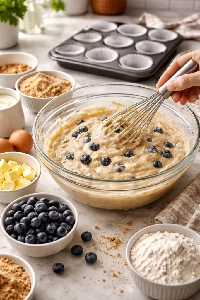 Mixing batter in a bowl with ingredients and muffin tin nearby