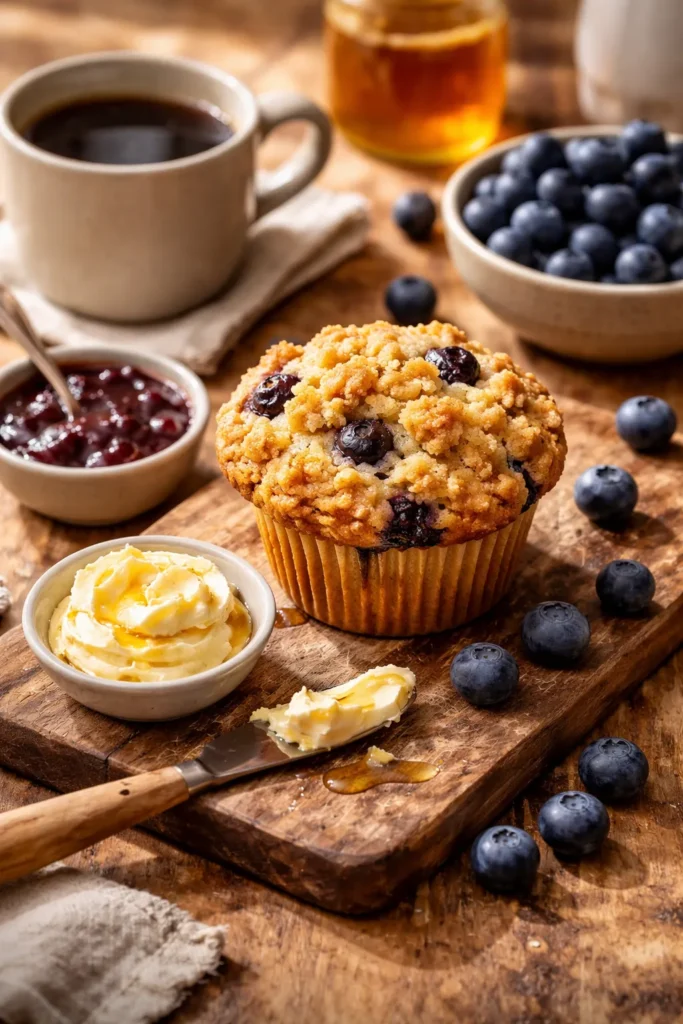 Blueberry muffin with honey butter on wooden board with blueberries