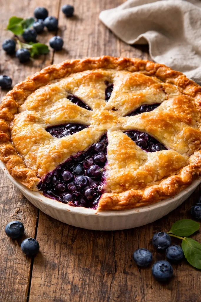 Whole blueberry pie with flaky crust and juicy filling