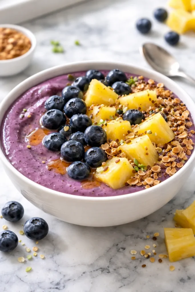 Deep purple blueberry pineapple smoothie bowl with fresh fruit and honey drizzle.