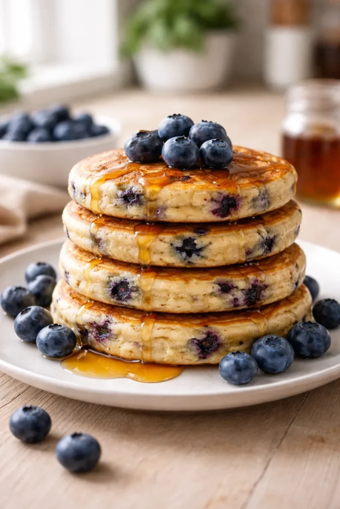 Stack of blueberry protein pancakes with visible blueberries on a plate