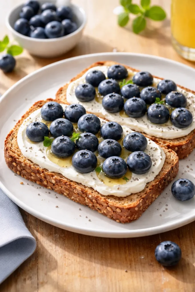 Toast with cream cheese and blueberries on plate