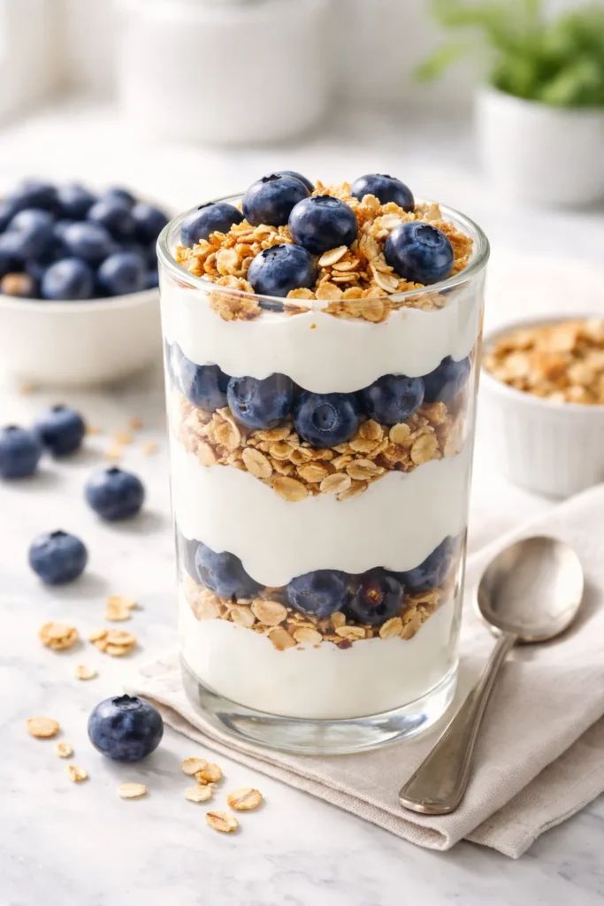 Close-up of a layered blueberry yogurt parfait with granola in a glass jar