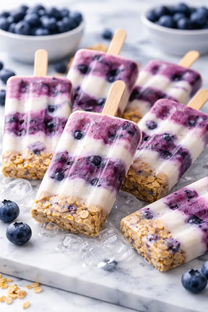 Blueberry yogurt parfait popsicles in molds on a counter
