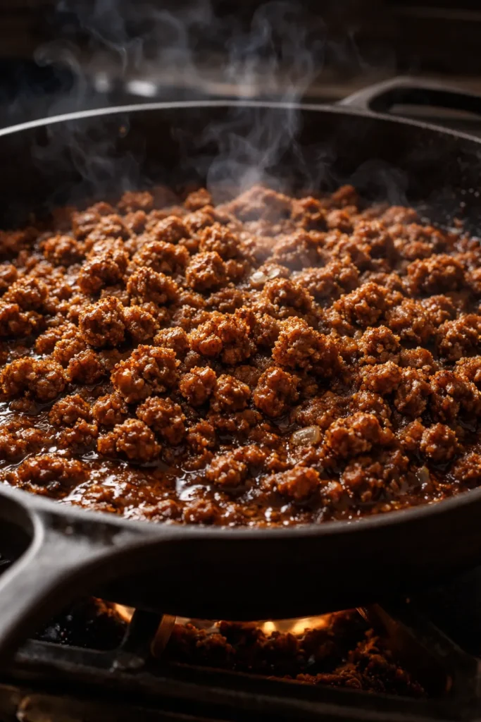 Close-up of browned ground meat with fond in a skillet