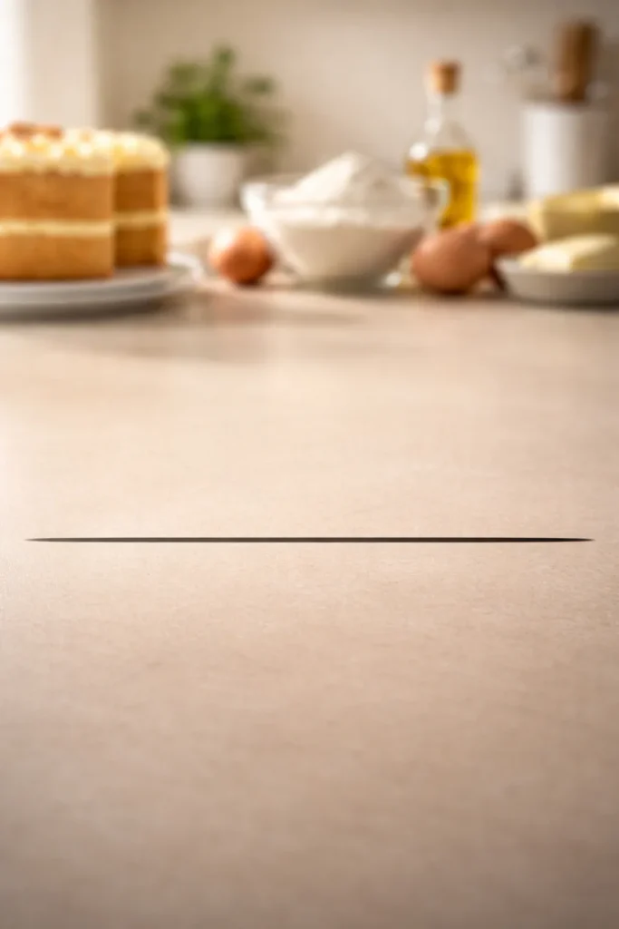 Close-up of a single bold horizontal line near the bottom of a neutral surface, representing the bottom line of moist cake principles