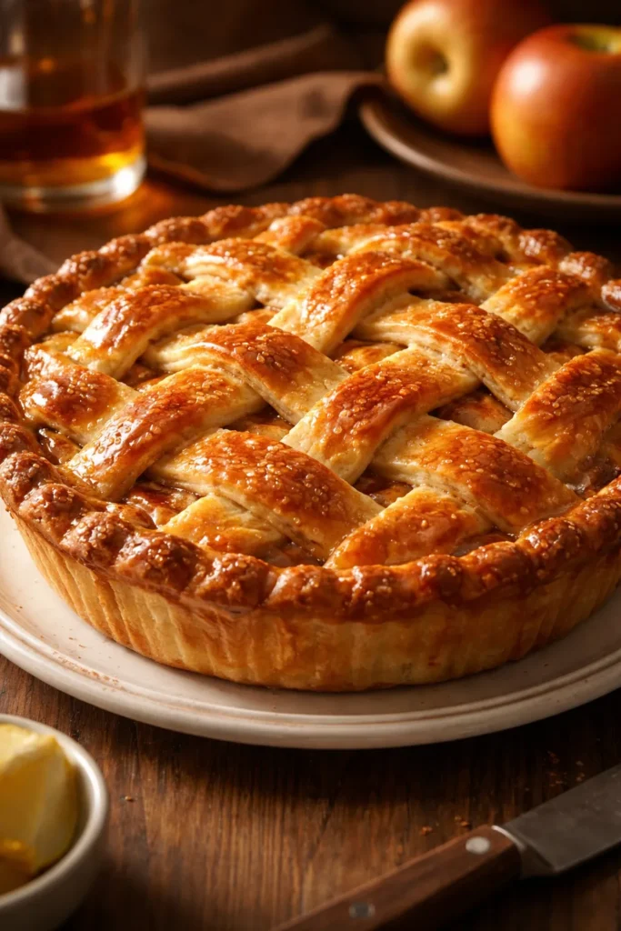 Bourbon glazed apple pie with glossy amber top crust.