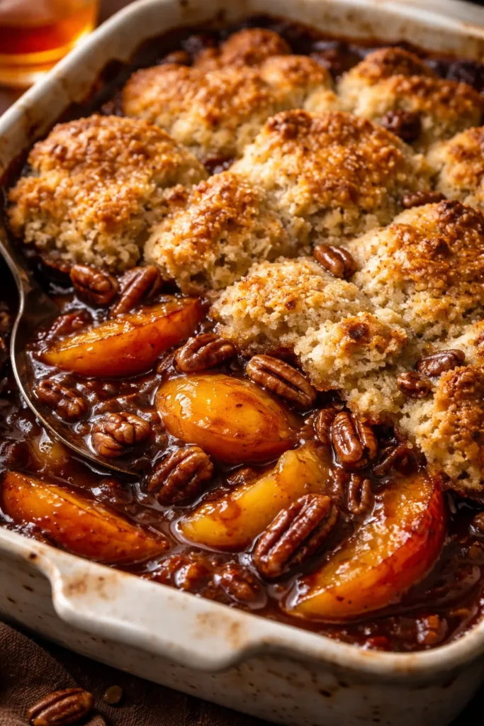 Bourbon infused peach cobbler with toasted pecans and a golden crust
