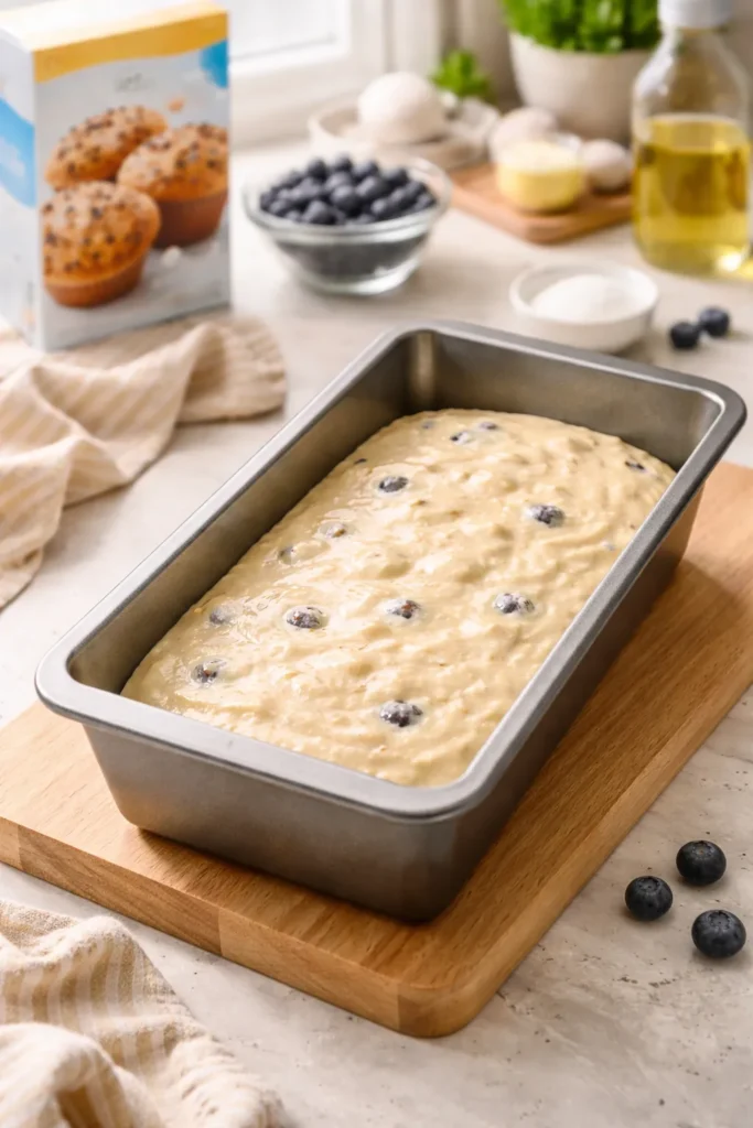 Loaf pan with batter from muffin mix
