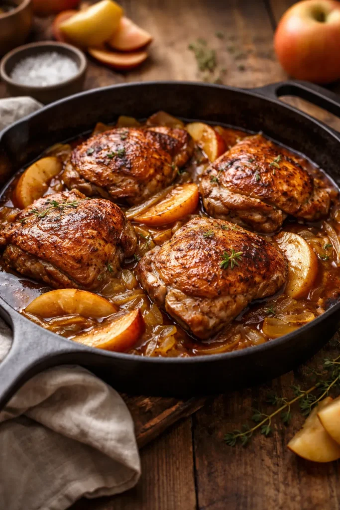 Crispy-skinned braised chicken thighs in a glossy apple cider glaze with caramelized apples.