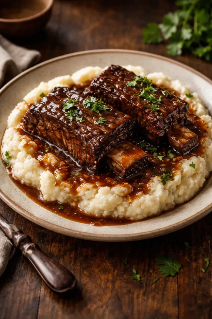 Braised short ribs on creamy cauliflower mash with rich sauce