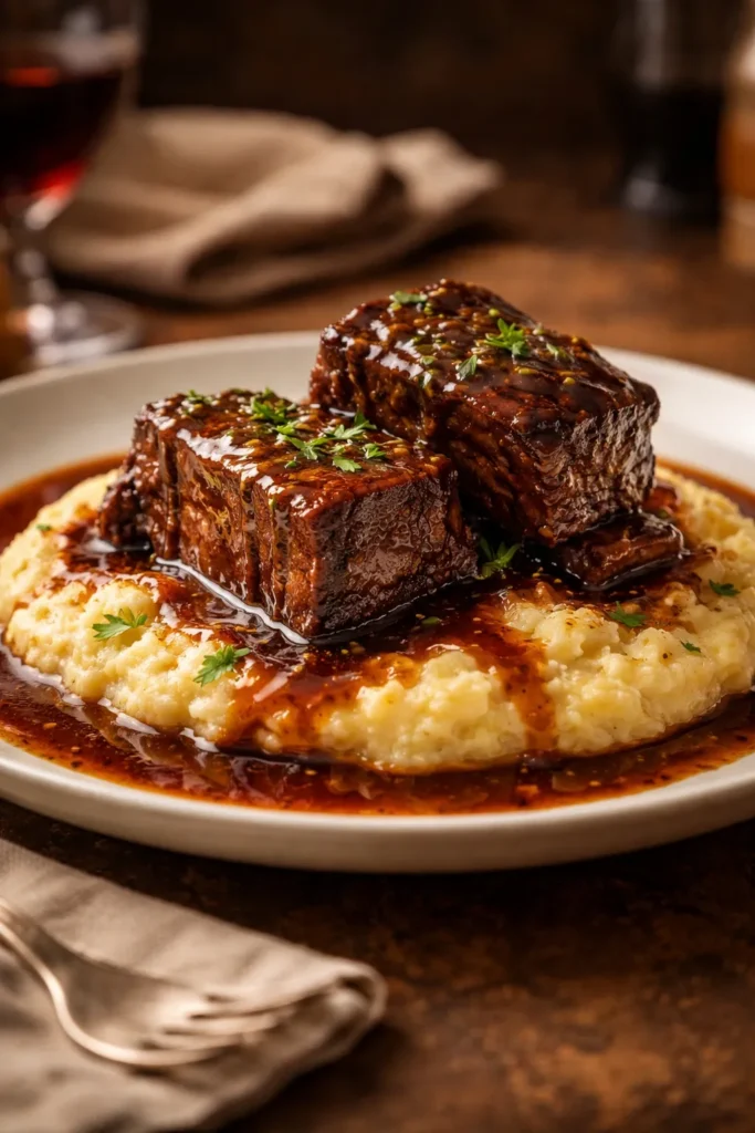 Braised beef short ribs with creamy gouda grits on a plate