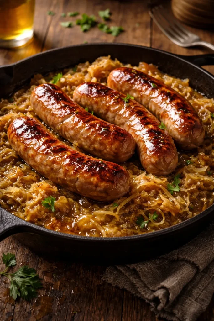 Close-up of bratwurst with sauerkraut and beer glaze on rustic plate