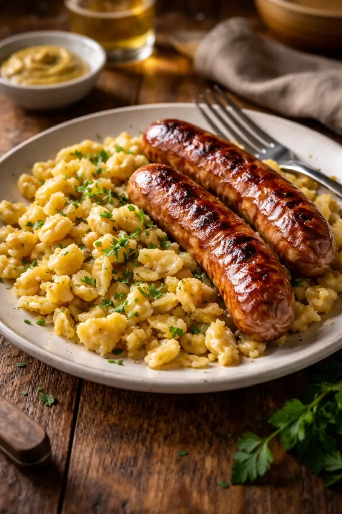Close-up plate of bratwurst and spaetzle on a rustic wooden table with warm lighting