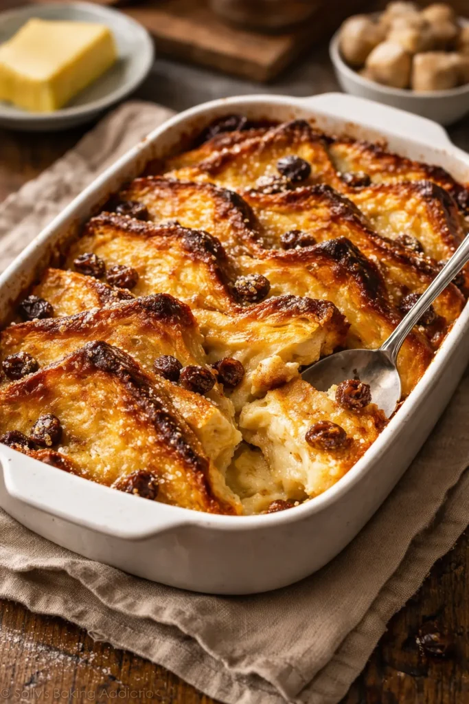 Bread and butter pudding in a baking dish with layered bread and custard